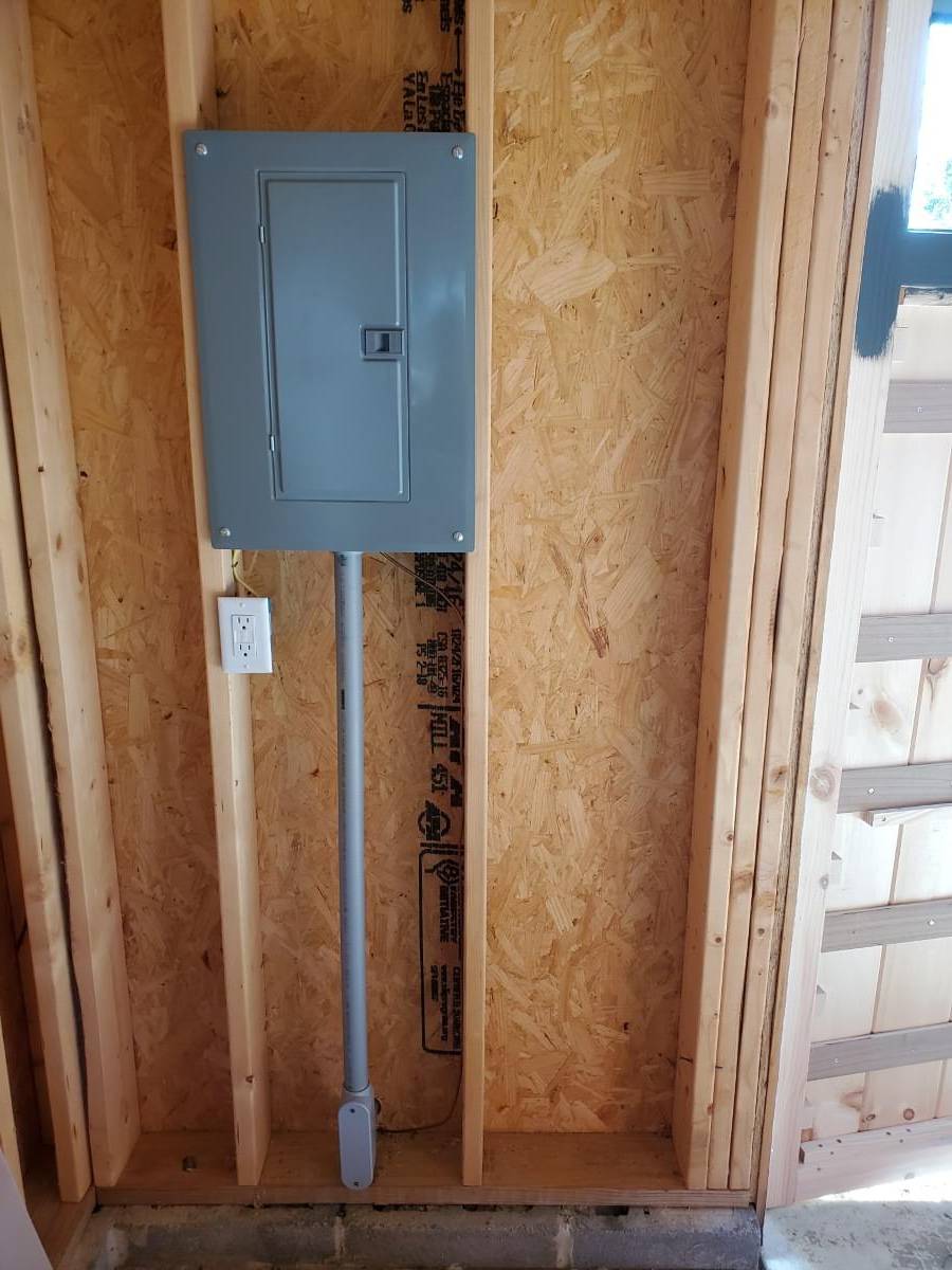 an electrical panel in between two wall studs