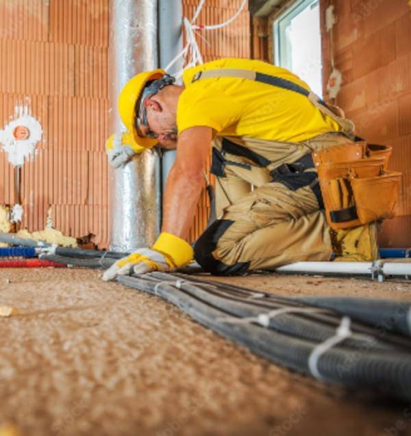 an electrician running wire in a building